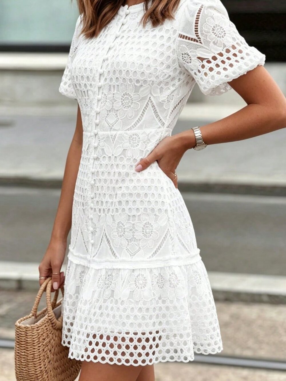White Elegant Women's Embroidered Lace Puff Sleeve mini Dress - Picture 2 of 8